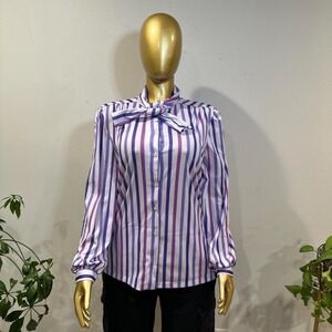 VINTAGE Purple and white striped button-up blouse with neck LARGE 15/16